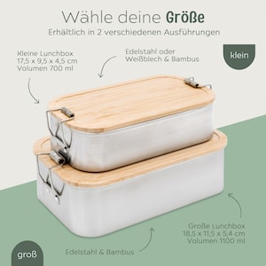 Puede incluir: Dos fiambreras de acero inoxidable con tapas de bamb&uacute;. La fiambrera m&aacute;s peque&ntilde;a mide 17,5 x 9,5 x 4,5 cm y tiene un volumen de 700 mililitros. La fiambrera m&aacute;s grande mide 18,5 x 11,5 x 5,4 cm y tiene un volumen de 1100 mililitros.