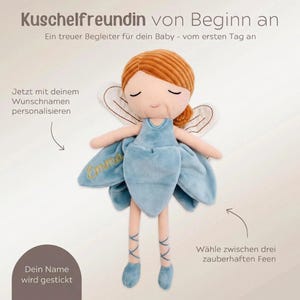 May include: A plush doll in the shape of a fairy, with a light blue dress and wings. The doll has red hair and the name "Emma" embroidered on the dress. The text "Kuschelfreundin von Beginn an" is at the top.