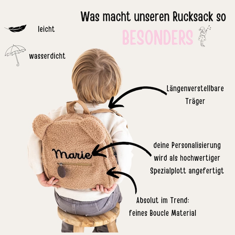 Kindergartenrucksack, Baby Rucksack, Teddy Rucksack, Kinderrucksack, Kita Rucksack, Rucksack personalisiert, 1. Geburtstag Geschenk Bild 9