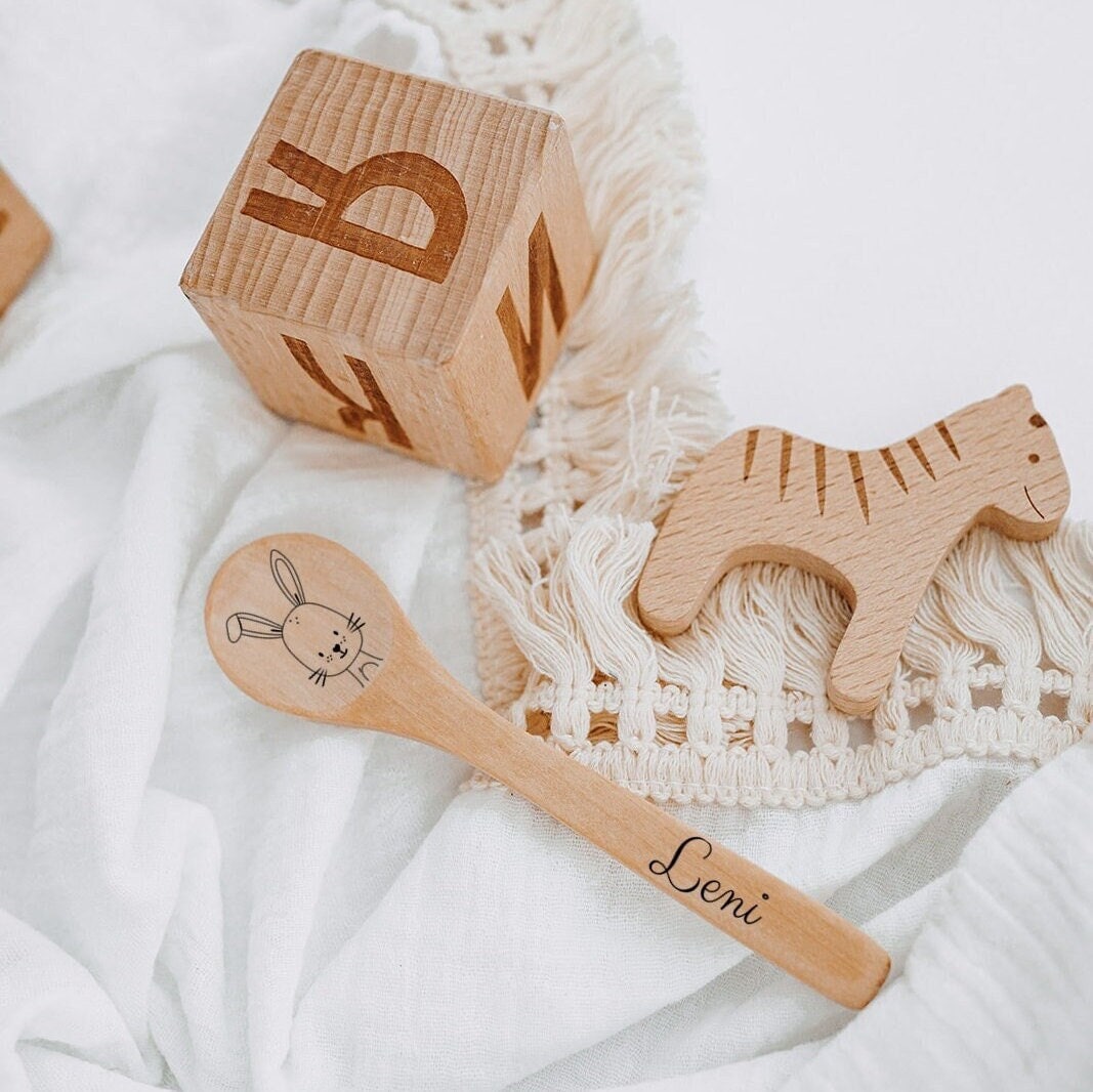 Cuillère Bébé Personnalisée, Couverts Pour Enfants en Bois, Cuillère avec Gravure, Cadeau Naissance,