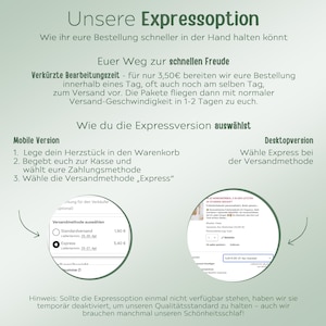 May include: An informational graphic with a light green gradient background explaining an express shipping option. It features text in German, two circular screenshots showing checkout steps, and instructions for mobile and desktop users.