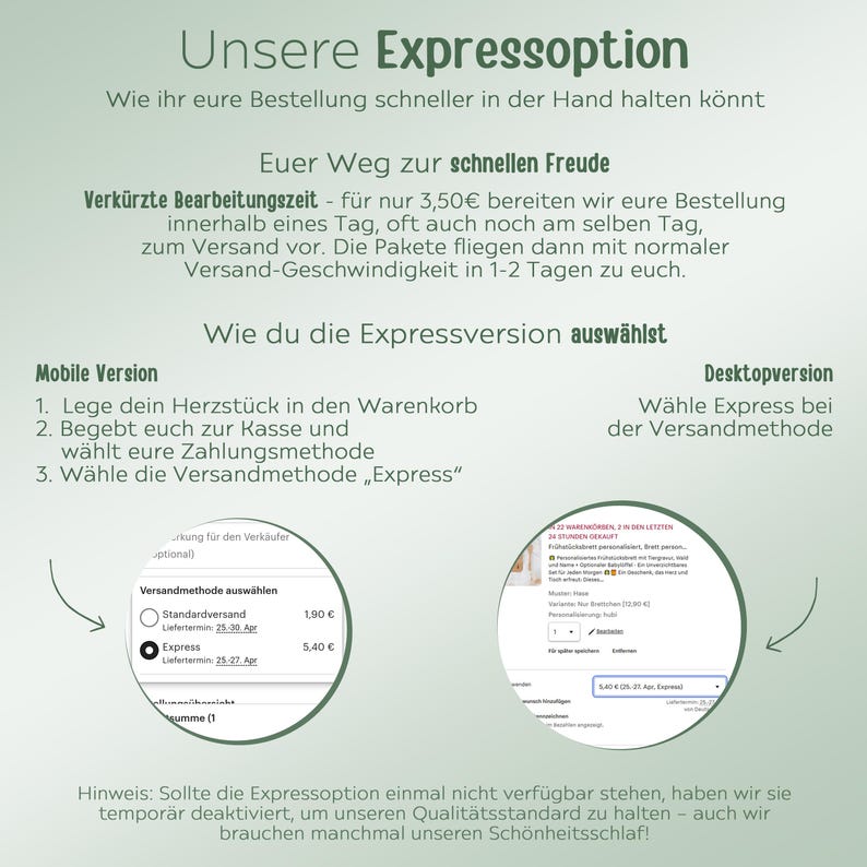 May include: An informational graphic with a light green gradient background explaining an express shipping option. It features text in German, two circular screenshots showing checkout steps, and instructions for mobile and desktop users.