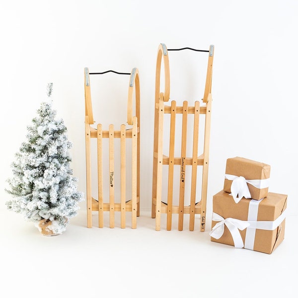 Schlitten, Holzschlitten, Holzschlitten für Kinder, Kinderschlitten, Schlitten mit Lehne, Schlitten personalisiert, Weihnachtsgeschenk