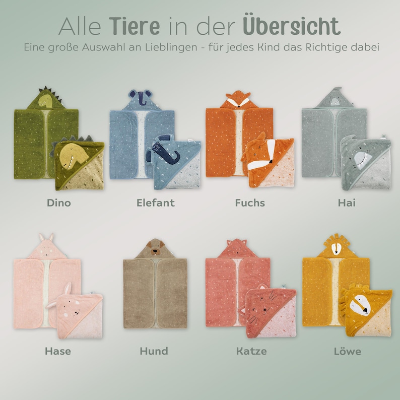 May include: A collection of hooded baby towels in various colors, each featuring a different animal design. The towels include a dinosaur, elephant, fox, shark, bunny, dog, cat, and lion. The text "Alle Tiere in der &Uuml;bersicht" is at the top.