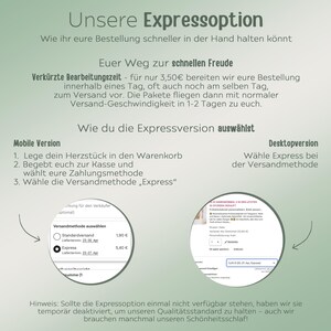 May include: A screenshot of a website showing two different ways to choose express shipping. The mobile version shows a circle with a checkmark next to the express shipping option. The desktop version shows a button that says "Express" with a price of 5.40 euros. The text on the page says "Our Express Option" and "How to choose the express version".