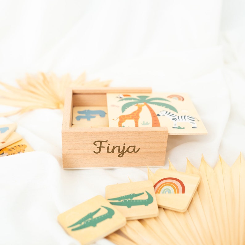 Jouet Montessori, cadeau enfants, jeu mémo, cadeau enfant, jouet enfant, cadeau tout-petit, mémo safari, baptême mit Name