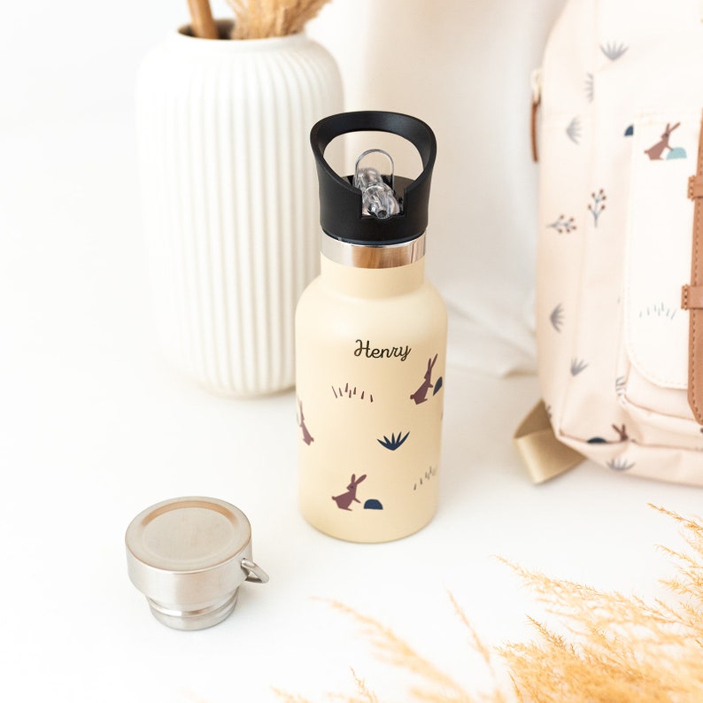 Trinkflasche personalisiert, Trinkflasche Kinder, Fresk Flasche, Gourde, Kids and Baby, Edelstahl Trinkflasche, Kinderflasche Hase creme