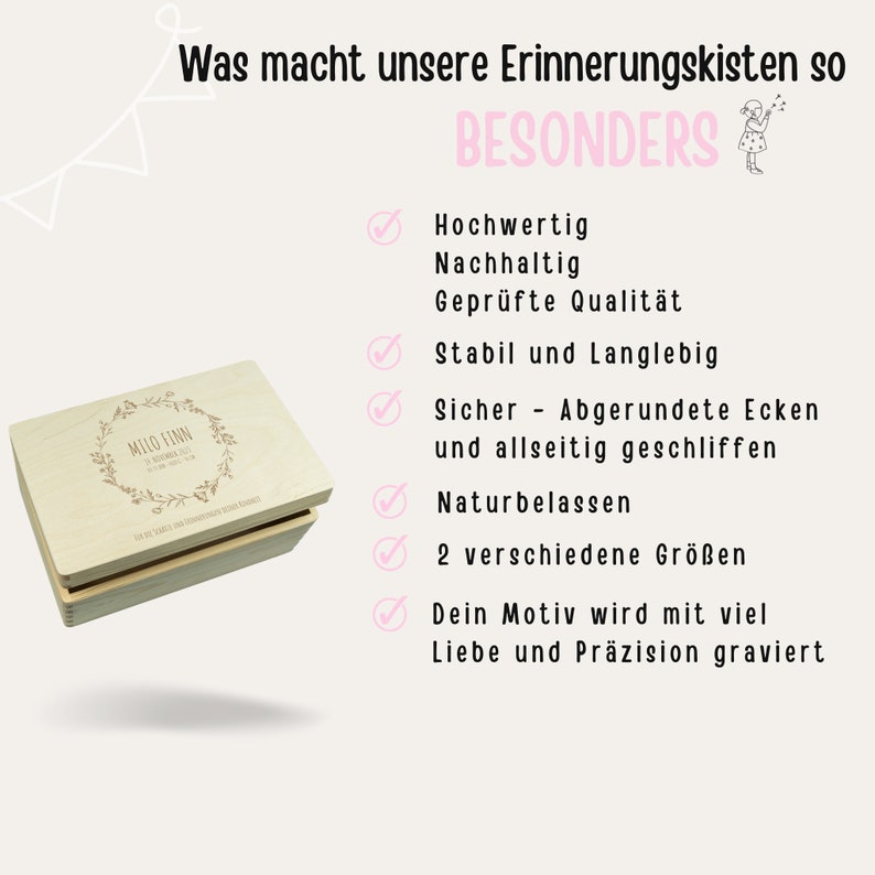 Erinnerungsbox Baby Mädchen, Geburt Geschenk Mädchen, Erinnerungskiste Baby, Holzkiste Baby, Taufe Geschenk Mädchen, Holzbox Mädchen Bild 6