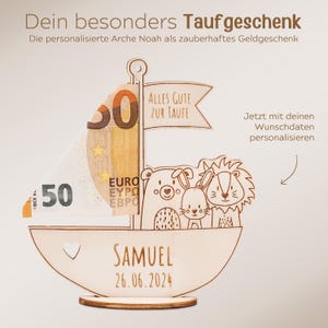 May include: Wooden toy boat with a sail made of a 50 euro note. The boat has a bear, rabbit, and lion on the front. The boat says "Alles Gute zur Taufe" and "Samuel 26.06.2024".