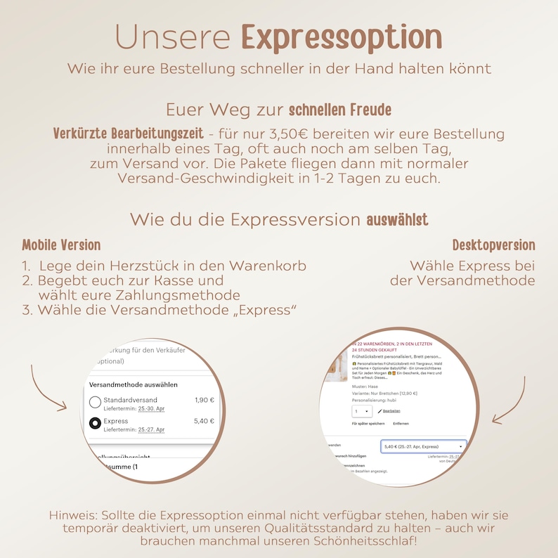 May include: A screenshot of a website showing two different ways to choose express shipping. The mobile version shows a selection box with two options: standard shipping for $1.90 and express shipping for $5.40. The desktop version shows a dropdown menu with the option to select express shipping.