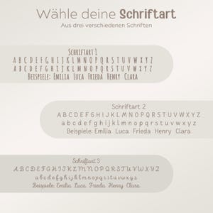 May include: A graphic showing three different font styles with the text "W&auml;hle deine Schriftart" (Choose your font) and "Aus drei verschiedenen Schriften" (From three different fonts). The font styles are labeled "Schriftart 1", "Schriftart 2", and "Schriftart 3". Each font style shows the alphabet in uppercase and lowercase letters, along with example names written in the font.