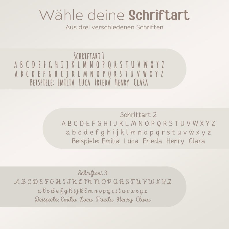 May include: A graphic showing three different font styles with the text "W&auml;hle deine Schriftart" (Choose your font) and "Aus drei verschiedenen Schriften" (From three different fonts). The font styles are labeled "Schriftart 1", "Schriftart 2", and "Schriftart 3". Each font style shows the alphabet in uppercase and lowercase letters, along with example names written in the font.
