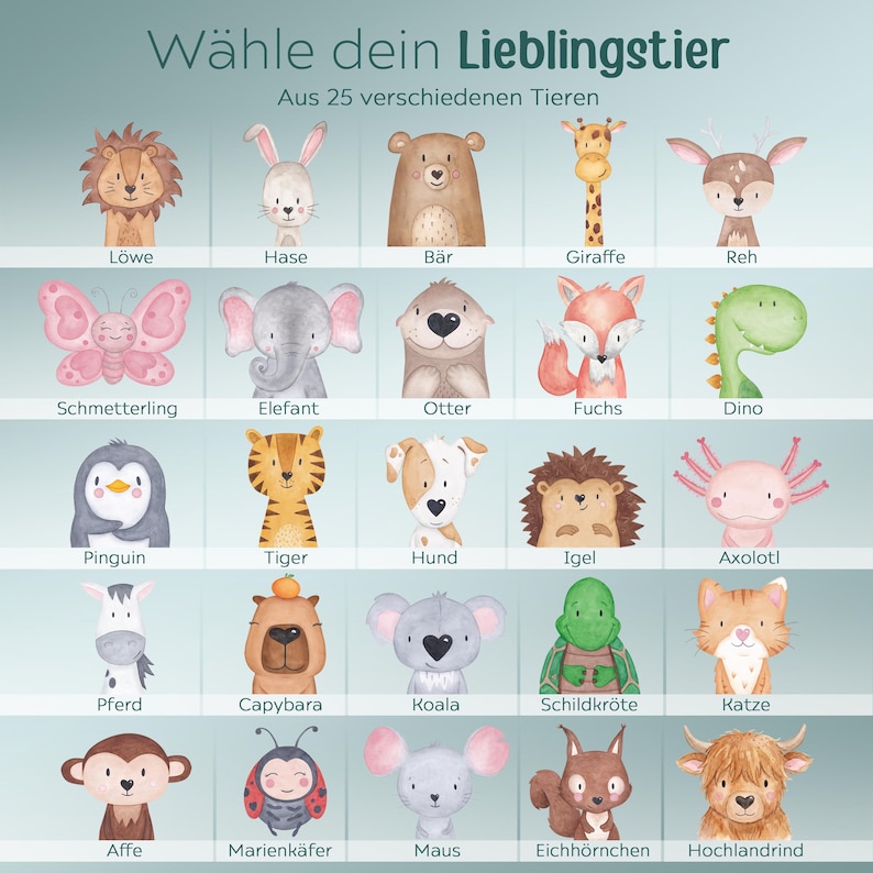 May include: A grid of 25 watercolor-style animal illustrations on a light blue background. The text "W&auml;hle dein Lieblingstier" and "Aus 25 verschiedenen Tieren" appears at the top. Each animal is labeled with its name in German below it.