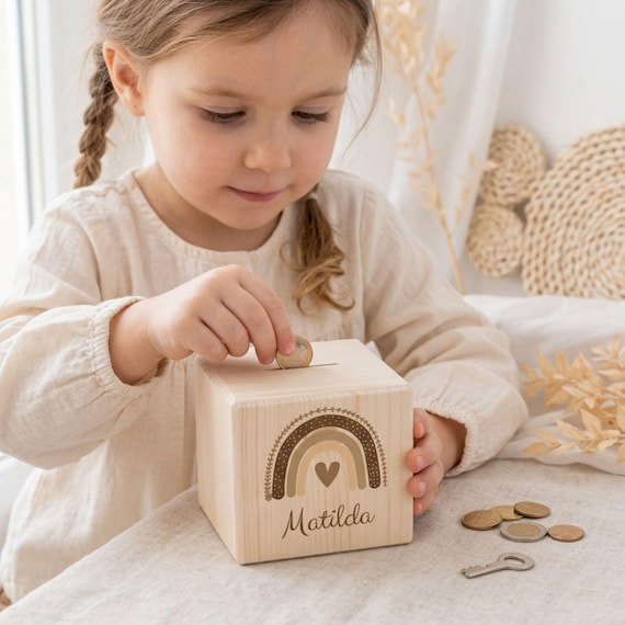 Spardose Regenbogen, Sparschwein, Spardose Kind, Spardose Holz, Spardose personalisiert, Taufe Geschenk, Baby, Geburt, Geldbänke