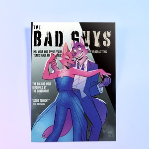 May include: A poster for "The Bad Guys" featuring a wolf and a fox in formal attire dancing. The text on the poster reads "The Bad Guys", "Mr. Wolf and Diane Foxington", "Year's Gala for Fines!" and "Ice Floor at This".