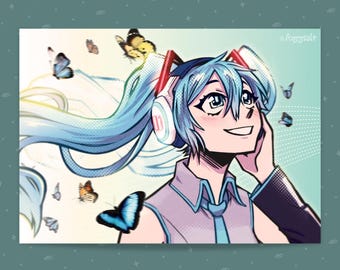 Hatsune Miku "Headphones Girl" Vocaloid Meme 5x7 Art Print