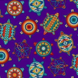 May include: A purple background with a repeating pattern of colorful beaded turtle designs. Each turtle has a different geometric pattern in shades of blue, green, red, yellow, and white.