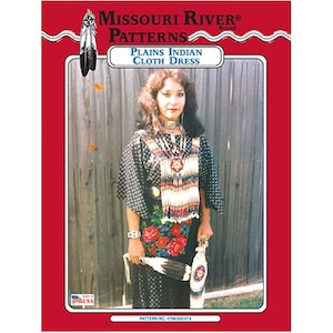 May include: A sewing pattern for a Plains Indian Cloth Dress. The pattern features a woman wearing a black dress with white polka dots, a beaded vest, and a beaded belt. The pattern is from Missouri River Patterns.