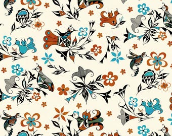 May include: A repeating pattern featuring stylized birds, flowers, and foliage in shades of brown, teal, and black on a cream background. The design includes various floral and bird motifs, creating a decorative and artistic look.
