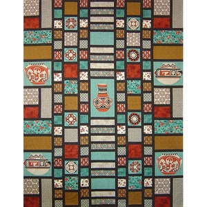 May include: A quilt with a geometric pattern of squares and rectangles in shades of brown, red, teal, and white. The pattern features stylized vases with floral designs.