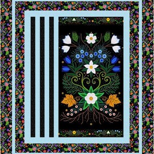 May include: A rectangular quilt featuring a central black panel with a symmetrical floral arrangement of white, blue, and orange flowers, green leaves, and berries. The panel is framed by light blue borders, black stripes, and a floral border.