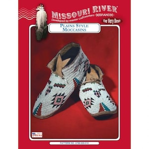 May include: A pair of white beaded moccasins with red, blue, and green accents. The moccasins are on a red background with the text "Missouri River" and "Plains Style Moccasins" in white.