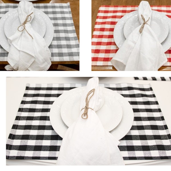 Placemats Set of 6 or 4 Red & White Buffalo Plaid Black and White Buffalo Plaid Fabric Placemat Set Place Mats Plaid Cloth Placemats