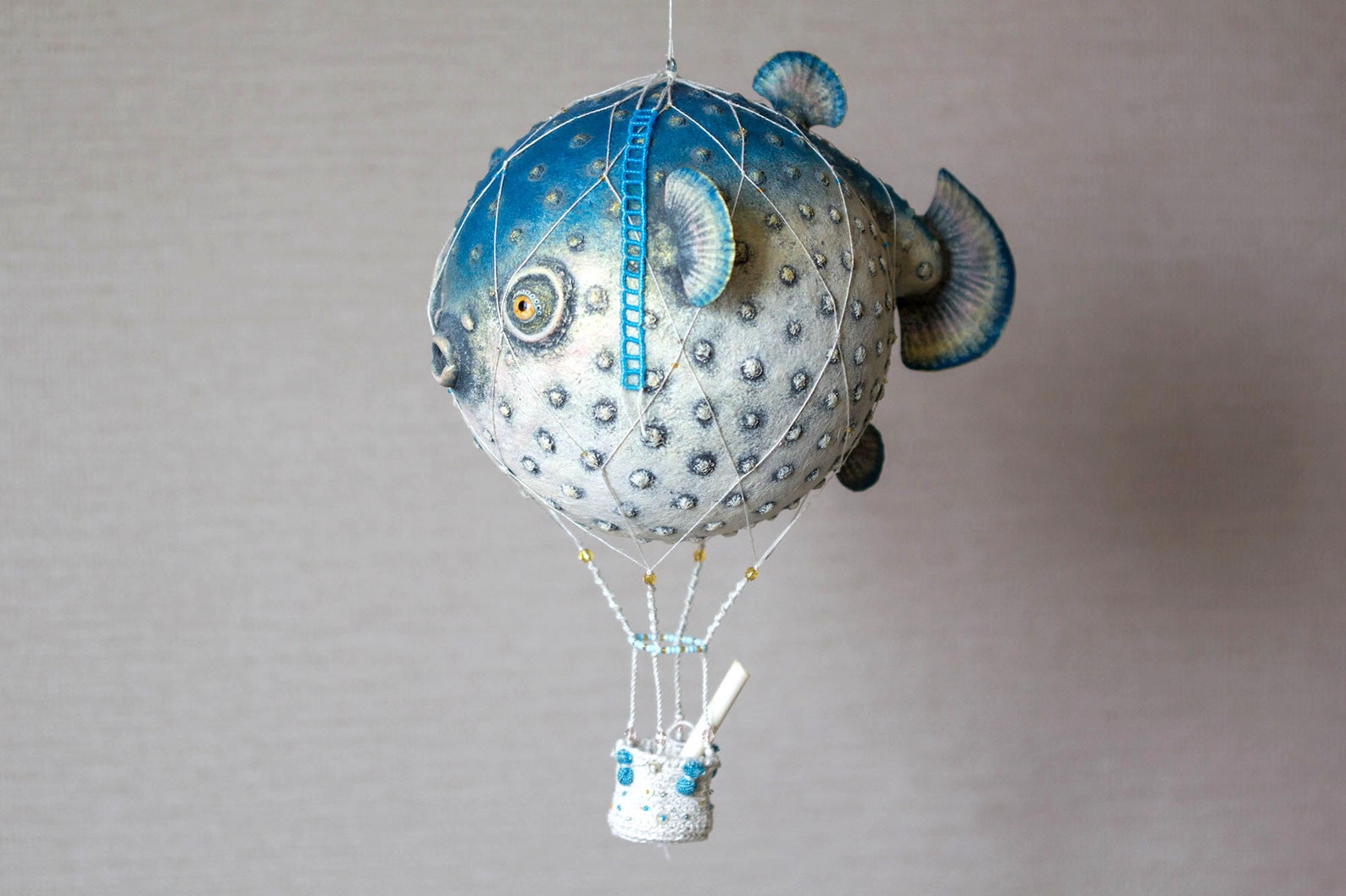 Paper mache hot air balloon puffer fish. Hanging mobile art. Etsy