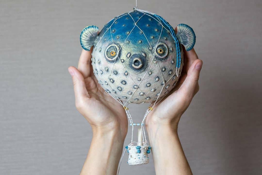 Paper mache hot air balloon puffer fish. Hanging mobile art. Etsy