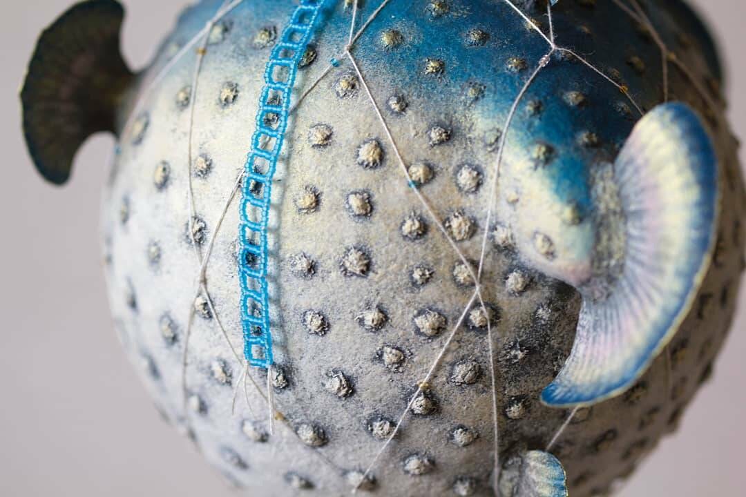 Paper mache hot air balloon puffer fish. Hanging mobile art. Etsy