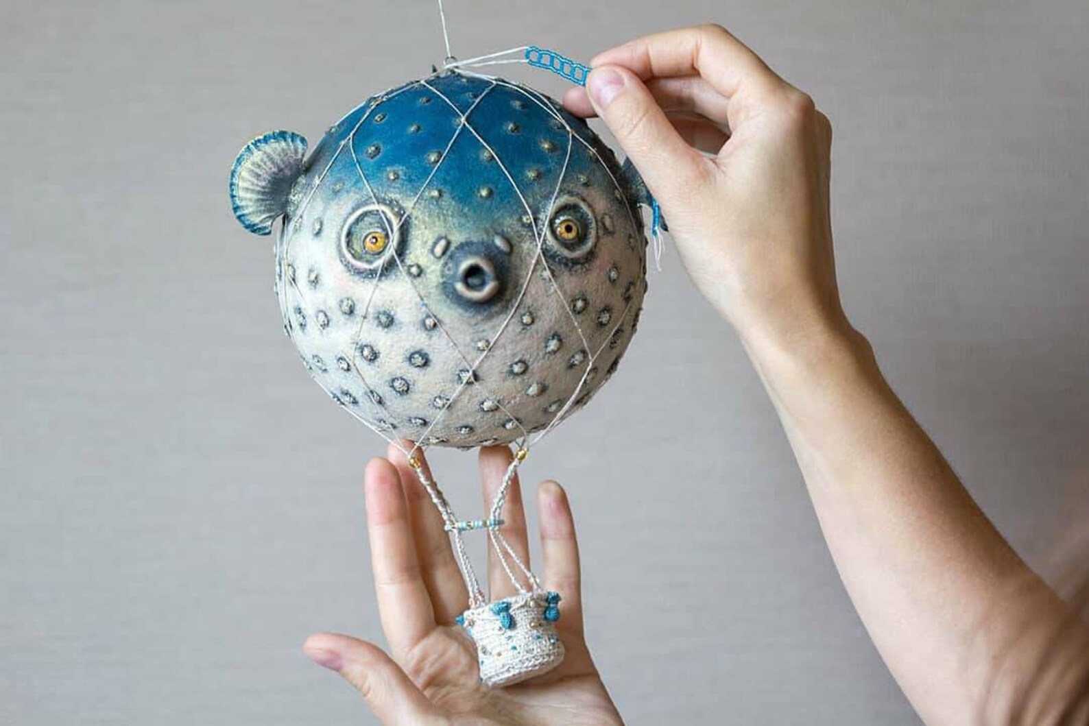 Paper mache hot air balloon puffer fish. Hanging mobile art. Etsy