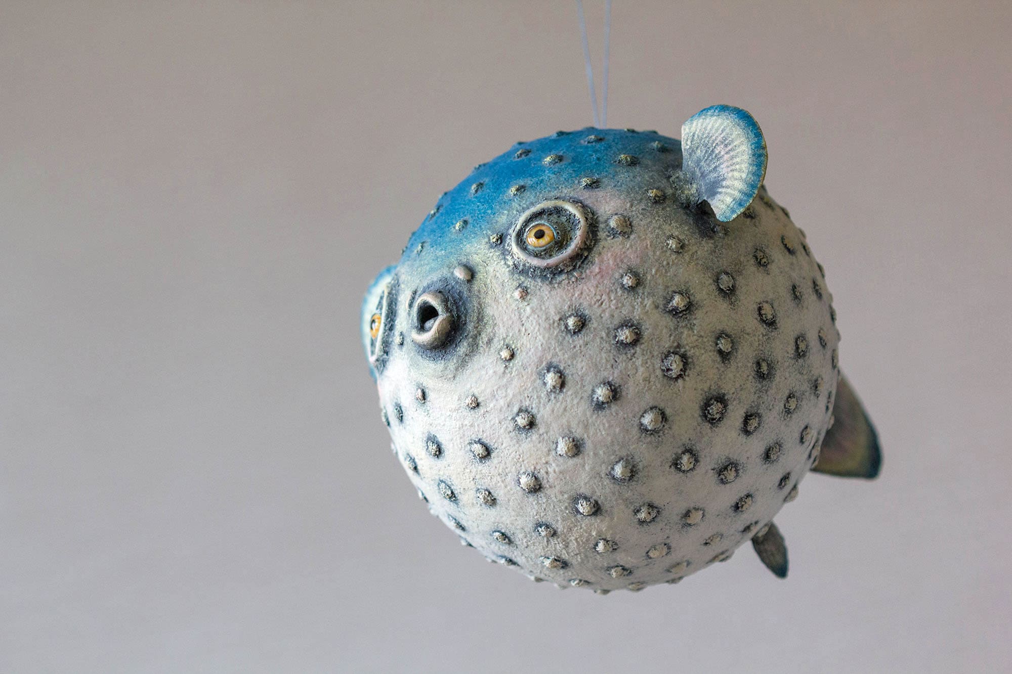 Paper mache puffer fish sculpture. Hanging mobile art. Etsy