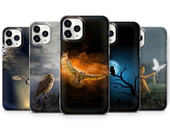Flying Owl with the Moon Phone Case fits for iPhone SE, 6, 7, 8+, XS, XR, 11, 12 Pro, fits for Galaxy S9, S10, S20, A20e, A51, A70