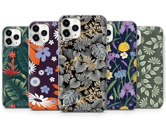 Tropical Flower Sepia Pattern Floral Phone Case iPhone SE, 6, 7, 8+, XS, XR, 11, 12 Pro, fits for Galaxy S9, S10, S20, A20e, A51, A70