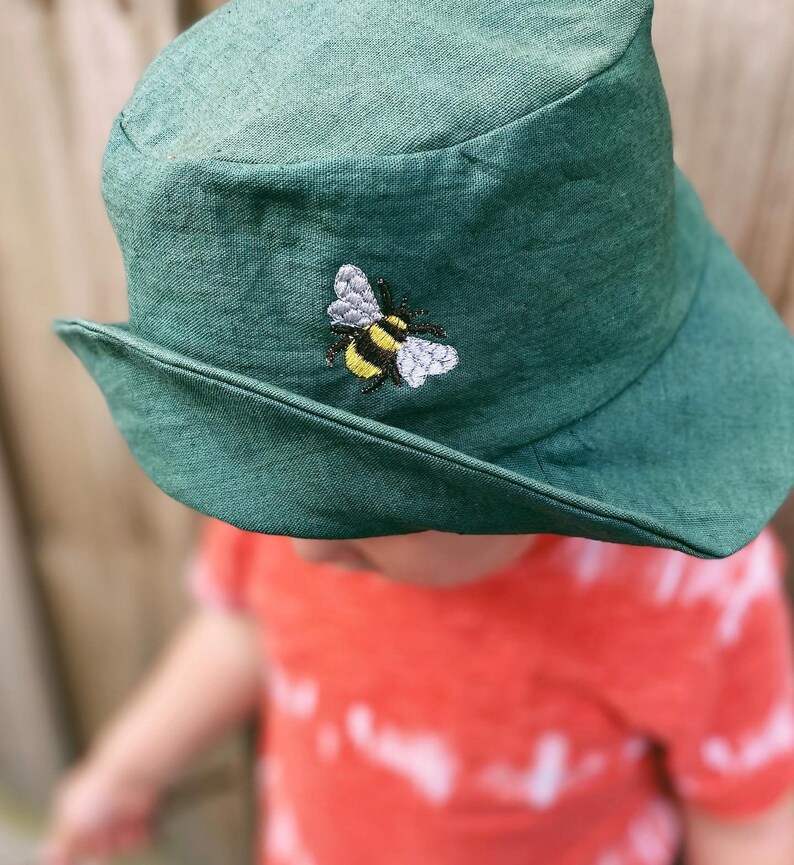 natural linen kids hat Bucket hat Boy summer hat made in Australia bee embroidery hat girl hat summer bucket hat