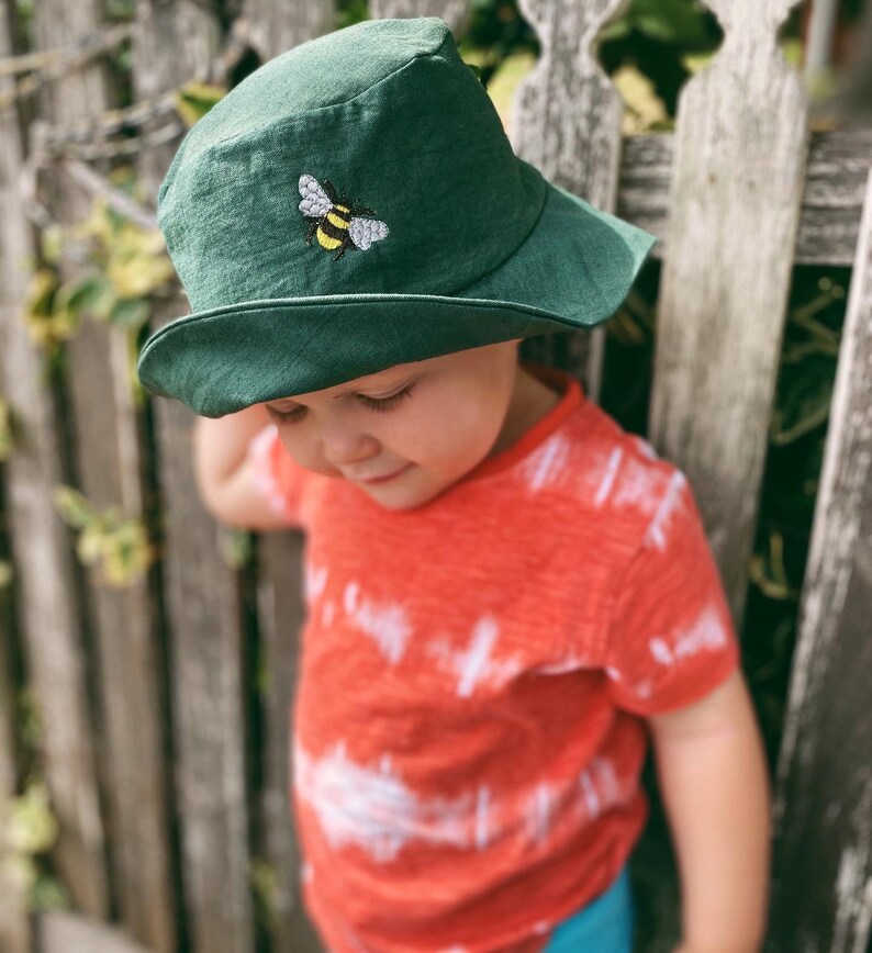 natural linen kids hat Bucket hat Boy summer hat made in Australia bee embroidery hat girl hat summer bucket hat