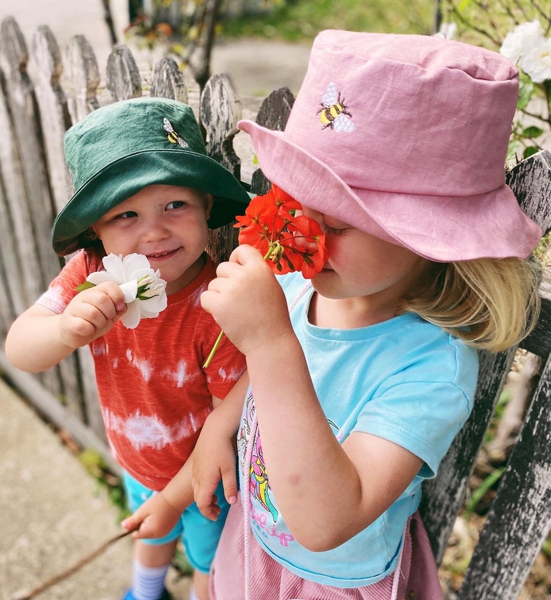 natural linen kids hat Bucket hat Boy summer hat made in Australia bee embroidery hat girl hat summer bucket hat
