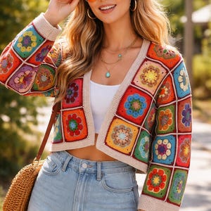 Cárdigan de patchwork colorido de crochet: suéter de algodón bohemio hecho a mano, regalos adorables