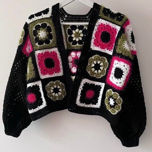 Crochet Granny Square Cardigan, Cropped Patchwork Jacket, Crochet Boho Coat, Afghan black Coat, boho sweater, valentines gift for her
