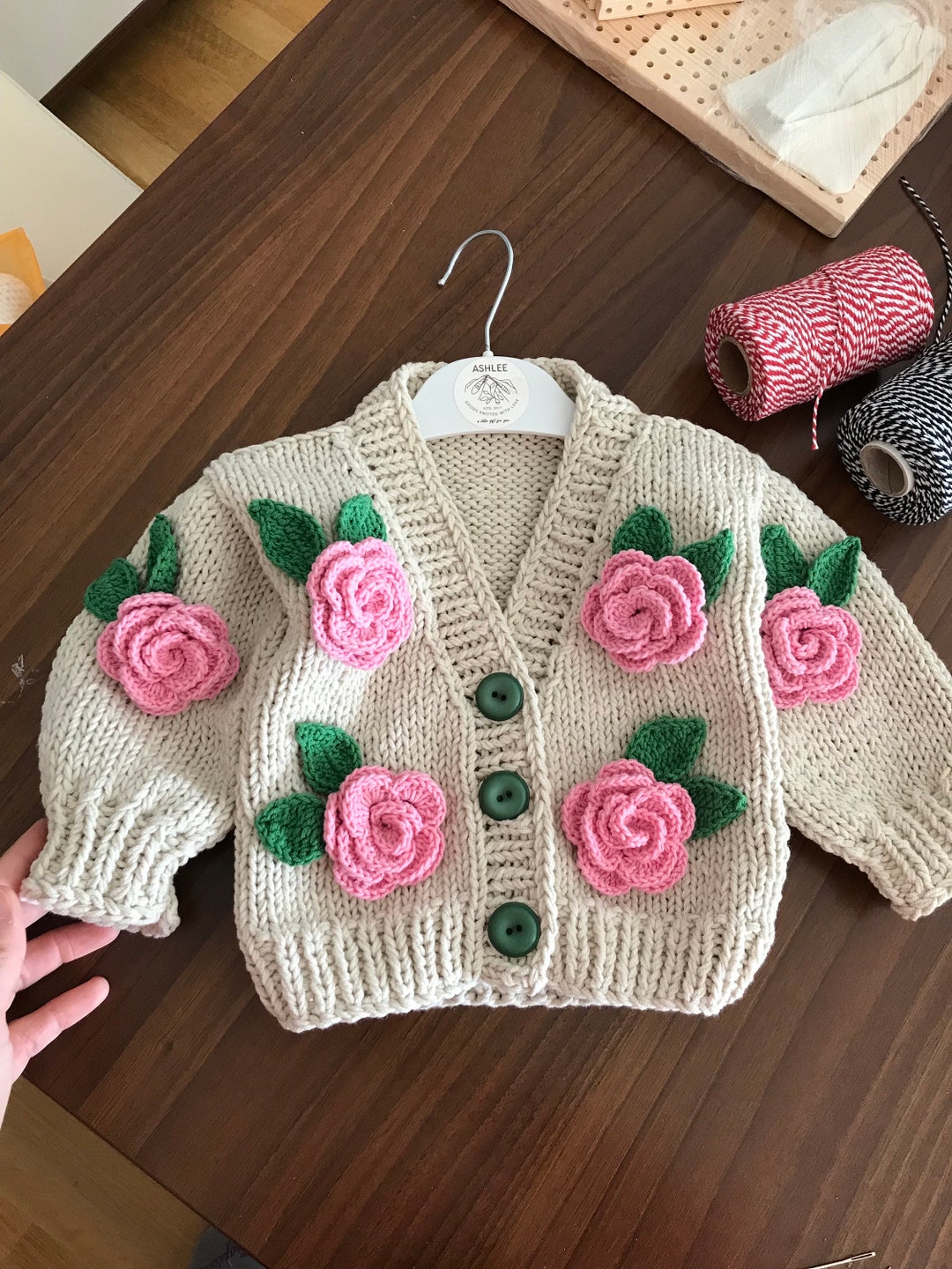 Knit Baby Cardigan: Hand Embroidered Rose Sweater, Cotton and Wool