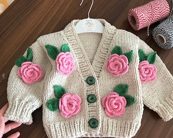 Knit Personalized Hand Embroidered roses name Sweaters for Baby and Toddler, Baby shower and newborn gift, Valentines Day gift for kids