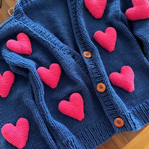 Crochet heart cardigan, knitted 3d heart sweater, custom order  12 heart embroidery jumper, woman clothes, Valentine gift, Mother’s Day gift