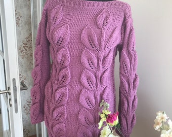 Pink knitted sweater with flowers design, womens jumper, chunky hand knit sweater, gift for her, wool jumper pullover short pink