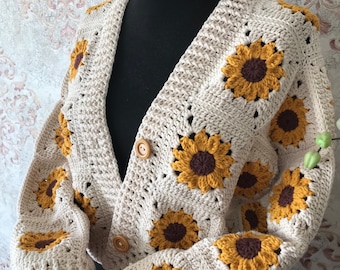 Cárdigans de algodón recortados de ganchillo de girasol para mujer, cárdigan floral de punto de ganchillo, cárdigan adulto para hecho a mano y como regalo del día de San Valentín