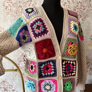 Handmade Multicolor Crochet Cardigan: Boho Cotton Patchwork Jacket, Hippie Sweater