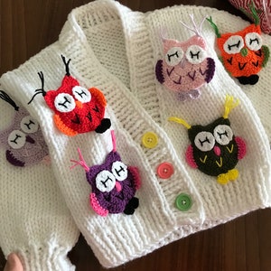 Hand-Knitted Owl kids Sweater: Colorful Bird Motif Cardigan, wool blend