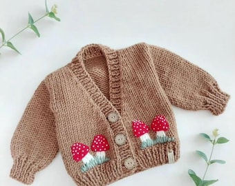 Hand knit Mushroom Cardigan for Kids, Embroidered Mushroom Cardigan, Baby mushroom Outfit, christmas gift for baby, birthday gift for Kids
