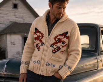 Maglione da uomo in stile canadese ispirato al cardigan Fox Hail Mary, lavorato a mano in lana, con cerniera.