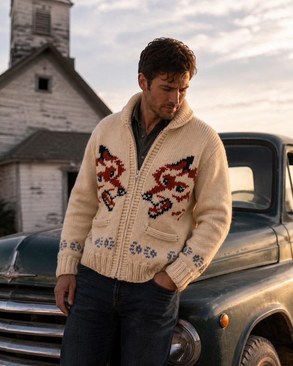 Fox Cardigan Inspired Hail Mary Canadian Style Sweater hand knit wool men's zip sweater