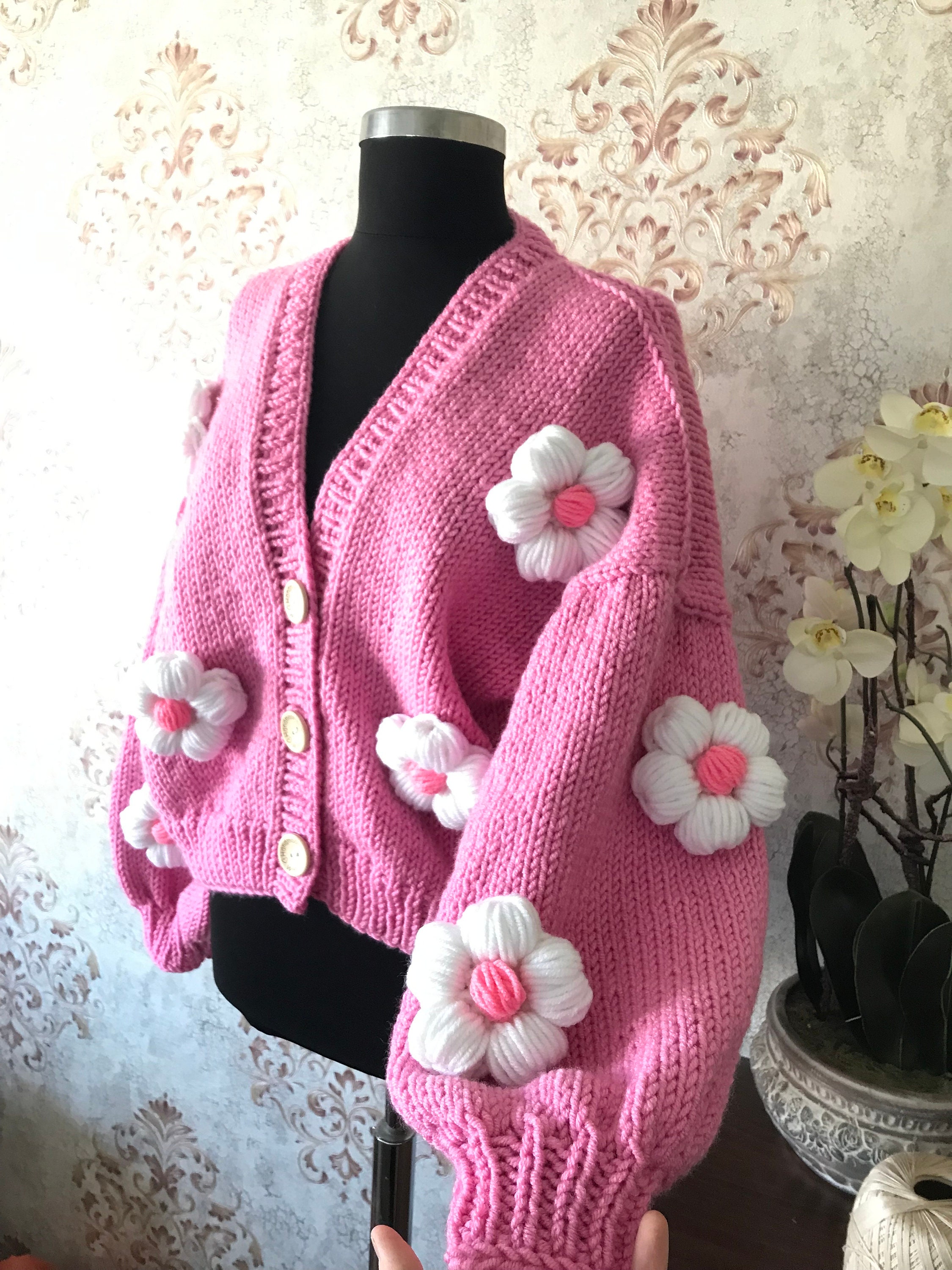 searoomlynn／3D flower 2way cardigan Daisy Jumbo Chunky Sweater for Women, 3D Daisy Pink Knit